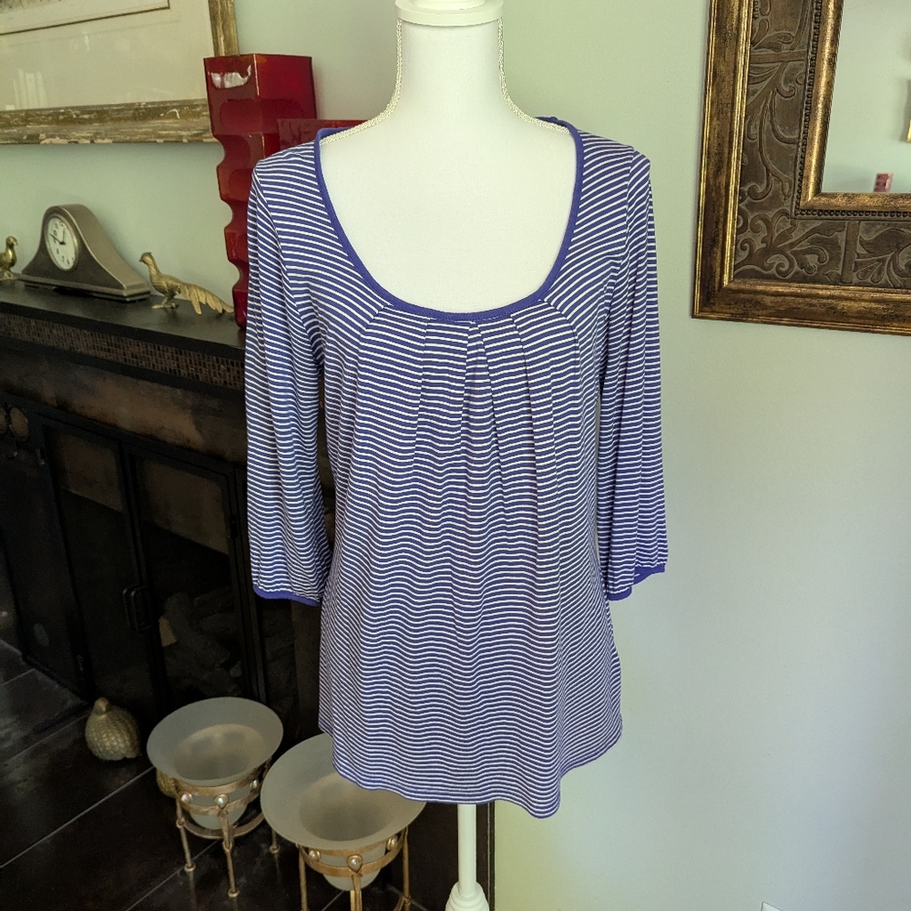 Boden Women's 10 Pleated Scoop Neck Striped Jersey Knit Top Blue 3/4 Sleeve 87